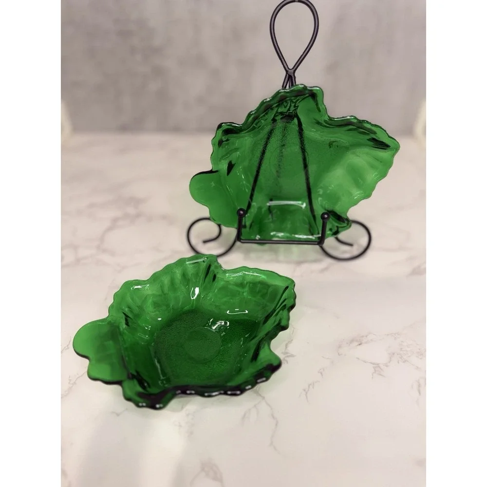 Vintage Emerald Green Glass Leaf Bowls Set of 2 Maple Leaf Trinket Dish Decor